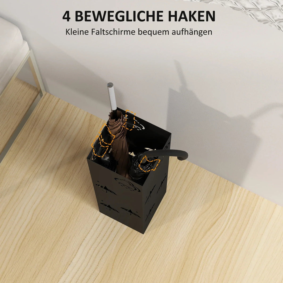 HOMCOM Regenschirmständer mit 4 Haken, abnehmbare Wasserauffangschale, dekorativer Regenschirmhalter für Sonnenschirme, Regentage & Gehstöcke, Stahl 15,5 x 15,5 x 49 cm Schwarz