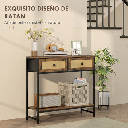 HOMCOM Konsolentisch Flurtisch mit Offener Ablage und 2 Front-Rattan-Schubladen Flur Konsolentisch Flur 80x30x75 cm Rustik Braun