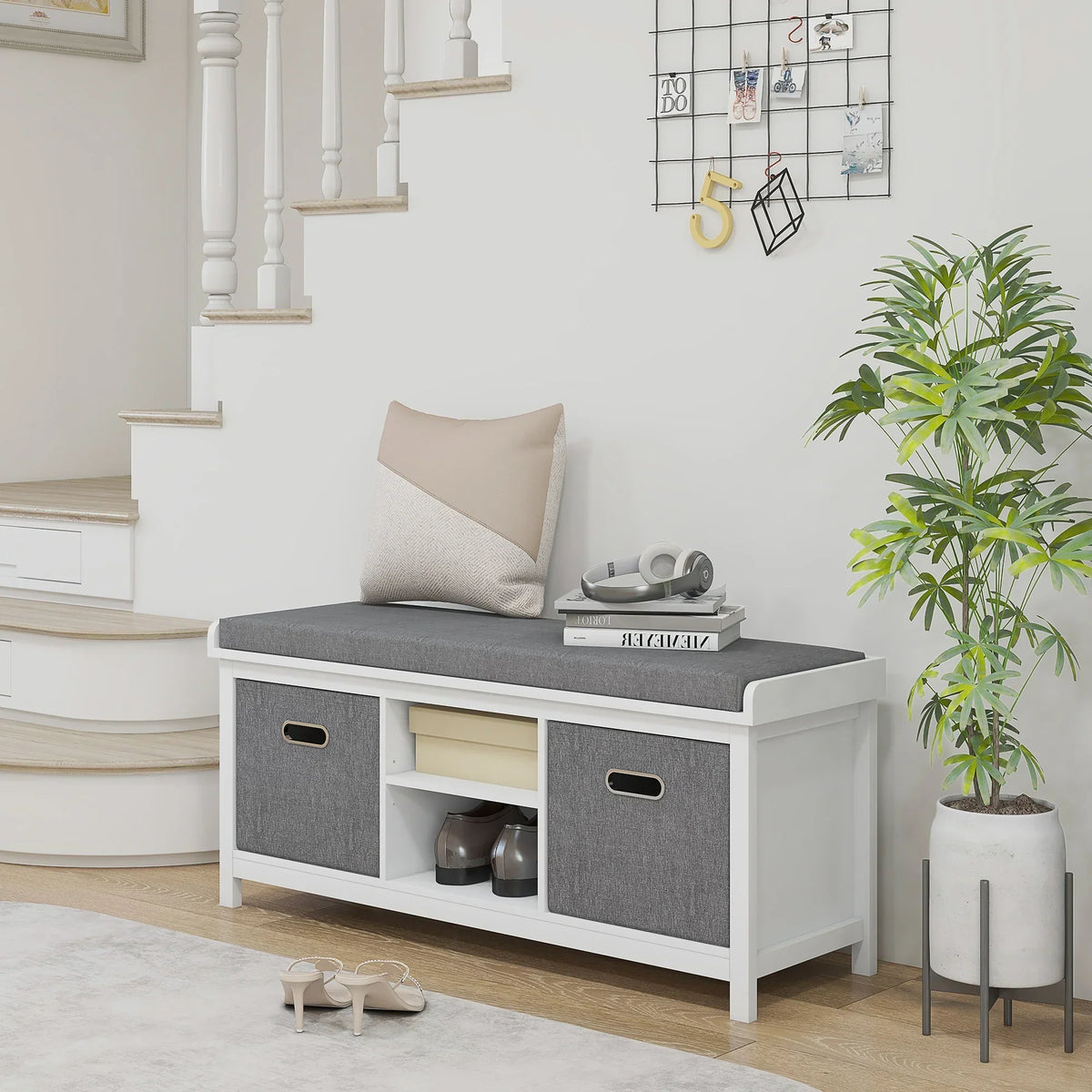 HOMCOM Schuhe-Bank mit verstellbarem 3-stufigem Regal, 2 abnehmbaren Schubladen und Polster, Möbel aus Spanplatte, 105x35x47 cm, Weiß und Grau